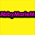 A split-screen digital image with yellow and cyan backgrounds displaying pixelated pink text reading 'AbbyMarieM Loves to Cheerlead!!!'