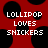 Red background with black circular spots and white pixelated text reading "LOLLIPOP LOVES SNICKERS" in three lines.