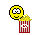 Yellow pixelated face with wide eyes and a neutral mouth holds red-and-white striped popcorn bucket filled with yellow kernels, shifting position across frames.
