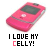 pink flip phones with 'I LOVE MY CELLY!' text below each, where the letter Y in Celly is red on some phones and black on others
