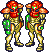 Two pixel-art figures in gold armor with red helmets and green accents stand side-by-side against a gray background.