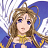 Pixelated static image of a female anime character with long brown hair, blue eyes, and a blue-and-yellow outfit against a white background with faint purple accents.