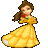 Pixelated character in yellow gown with red rose, brown hair tied back, standing against gray background.