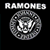 Two side-by-side animated frames of a pixelated RAMONES logo icon with a circular design and white heart symbol in the bottom right corner of the second frame.