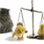 A pixelated image shows a golden dog-like figure standing on a scale with a dark stone block on the left pan and a golden object on the right pan.