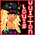 Pixelated image of a blonde woman with long hair wearing a black hat adorned with colorful gem-like shapes, standing against a black background with red borders.