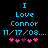 Pixelated text reads 'I Love Connor 11/17/08...' with pink hearts below, displayed in two side-by-side frames showing animation changes.