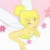 Pixelated cartoon of a blonde fairy character with yellow hair in pigtails, wearing a green dress and white wings against a pink background with floating stars.