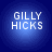 Four identical blue circular icons with white text reading GILLY HICKS arranged in a on dark blue background