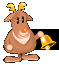 Pixelated reindeer with brown body, white chest, orange nose, and golden antlers holds a golden bell against black background.