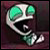Pixelated static icon of a cartoon robot head with glowing green eyes and metallic silver body against dark background