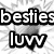 Black-and-white animated icon with repeating heart-shaped patterns and overlaid text reading 'besties luvv annie tara katie celie' in bold, pixelated font.