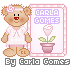 Pixelated teddy bear in pink outfit with flower headband stands beside framed text and potted rose, repeated twice on gray background.