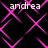 Black background with repeating pink diamond lattice pattern and four instances of the text 'andrea' in white pixelated font.