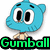 Blue cartoon cat with large eyes and a small nose, wearing a beige shirt, positioned above green text reading 'Gumball The Cat' on a white background.