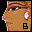 Pixelated profile view of a person with brown skin tone, dark hair, and light eyes; white circular highlight on cheek; black 'B' symbol in bottom-right corner.