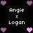 Pixel art icon with black background, white text 'Angie x Logan', and pink/purple heart symbols in corners and center.