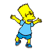 Yellow-haired cartoon character in light blue shirt and dark blue shorts with arms outstretched, mouth open showing teeth, different leg positions across frames.