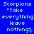 Blue background with repeated white pixelated text "Scorpions 'Take everything leave nothing'" in a pattern, some instances have small symbols at the end of the quote