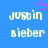 Blue background with pixelated text 'justin bieber' in light yellow, a pink heart symbol above the first word.