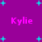 Purple background with cyan star shapes and repeated pink text 'Kylie' in pixelated font.