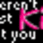 Pixelated text on black background with large pink 'K' and smaller gray letters forming phrases.