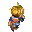 Pixelated character with golden spherical head and green stem, wearing blue pants and red-and-blue top in six sequential poses showing movement.