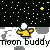 Pixelated image of a yellow-clad figure with white head on gray terrain under starry sky, text 'moon buddy' at bottom.
