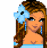 Pixelated cartoon woman with brown hair, blue flower in hair, light blue top and pants, holding a white bucket.