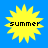 Four yellow sunburst icons with the word 'summer' in black pixelated text, arranged on a solid blue background.