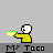 Pixel art animation of a yellow-shirted figure holding green food, with text changes and small companion figures appearing in sequence.