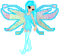 Pixelated fairy avatar with light blue hair, dress, and boots, large translucent wings with pink and green patterns, black eyes, and a neutral expression against gray background.