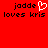 Red background with black text reading "jodde loves kris" and a white pixelated heart symbol replacing the 'o' in "jodde" on the left side.
