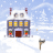 Animated snowy scene with a house, mailbox, and falling snowflakes; the house's windows alternate between yellow and white illumination.
