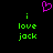 A static pixel art image with a black background, featuring a pink heart symbol above green text reading "i love jack" in two identical vertical