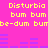 Yellow text on pink background displays 'Disturbia' followed by 'bum bum be-dum bume-be-dum bum', with purple audio waveforms below each line.