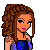 Pixelated character with brown curly hair in blue strapless dress and black pants, shown from full-body to cropped head view.