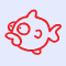Red outline fish icons in a , each with unique facial expressions and body poses on light blue background