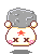 Pixelated character with gray rock-like head, white body, red star on chest, brown X eyes, pink cheeks, and blue motion lines in some frames.