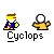 A pixel art animation of a character with yellow hair and blue clothing holding a white circular object, with a pink and white arrow shape expanding from the right side