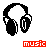 Pixelated black headphones with red accents and white ear cups, each paired with a red 'music' label below.