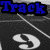 Blue text 'Track', '&', and 'Field' over a black-and-white track field background with white lane lines.