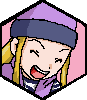 A 4-frame pixel art animation of a cartoon girl with blonde pigtails and a purple beanie, showing different facial expressions in each frame within hexagonal borders.