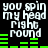 Pixelated text "you spin my head right round" repeated four times with green audio bars on black background, animated green bars changing height across frames.
