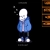 Pixelated figure in blue coat with white hood stands against black background, small gray particles float near head.
