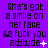Purple background with repeated text "She's got a smile on her face" and "aa fuck you attitude" in black pixelated font, featuring animated white symbols changing across frames.