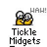 Animated contact sheet of 8 pixel art frames showing two stick figures in yellow outfits tickling each other with "HAH!" text above and "Tickle Midgets" below on gray background.