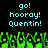 Pixelated cyan text reads 'go! hooray! Quentin!' above green pixelated shapes on black background.