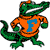 Green crocodile wearing orange shirt with blue letter F, standing with arms raised and mouth open.