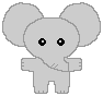 Two pixelated gray elephants with black eyes stand side-by-side against a light gray background, one with arms at sides and the other with raised hands.